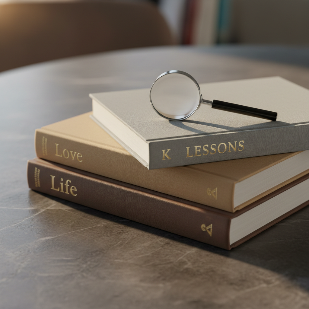 A tidy arrangement of three stacked hardback books with linen covers in muted tones of dove gray, warm sand, and deep espresso, each spine embossed with the words “Life,” “Love,” and “Lessons” in understated gold lettering. On top lies a slim magnifying glass with a black handle, its lens resting over a small foil-stamped letter K on the uppermost cover. The stack is placed on a smooth, dark stone tabletop with subtle marbling. A narrow beam of late afternoon light falls diagonally from the left, illuminating the gold type and creating delicate, elongated shadows behind the books. Photographic realism, low-angle close-up, shallow depth of field with a softly blurred background, introspective and intellectual atmosphere, classic and polished style.