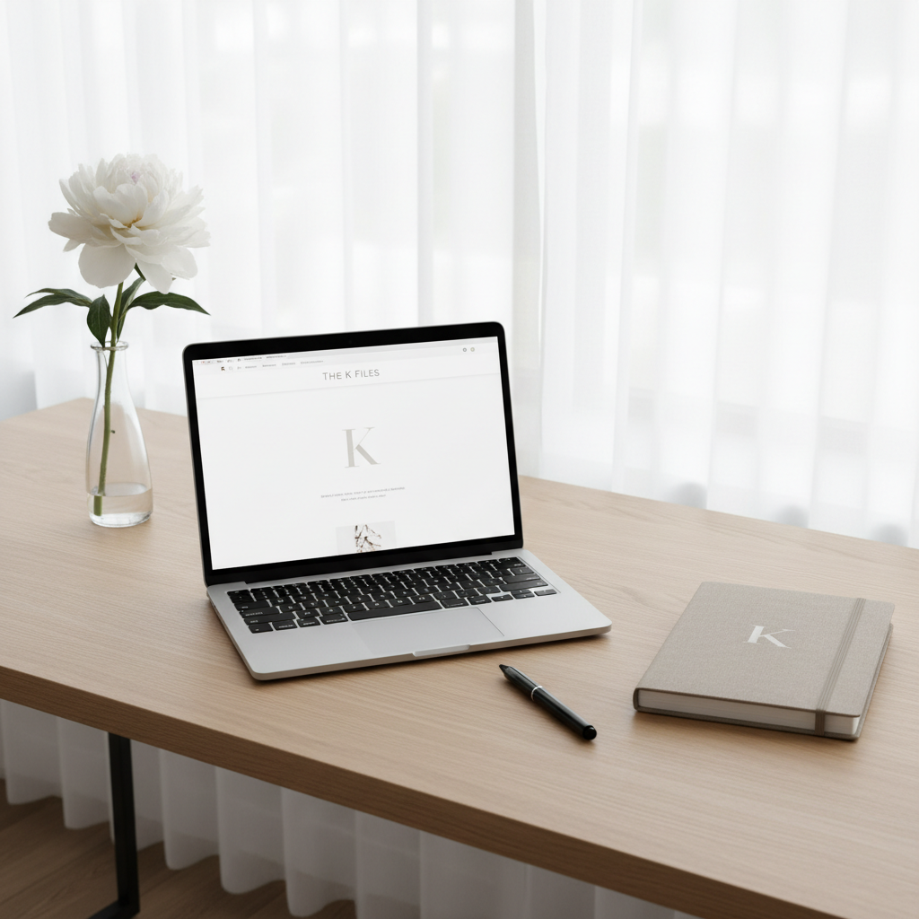 A sleek, modern workspace featuring a slim, silver laptop on a pale oak desk, its screen displaying a minimalist blog titled “The K Files” with a subtle serif logo. Beside it sits a closed, linen-textured notebook in soft taupe with a debossed letter K, and a fine black rollerball pen aligned perfectly parallel. A single white peony in a clear glass bud vase adds softness. Diffused overcast daylight filters through sheer curtains in the background, creating an even, gentle illumination with minimal shadows. Photographic realism, shot from a slightly elevated angle with rule-of-thirds composition, crisp focus on the desk items, serene and organized mood, clean and sophisticated aesthetic.