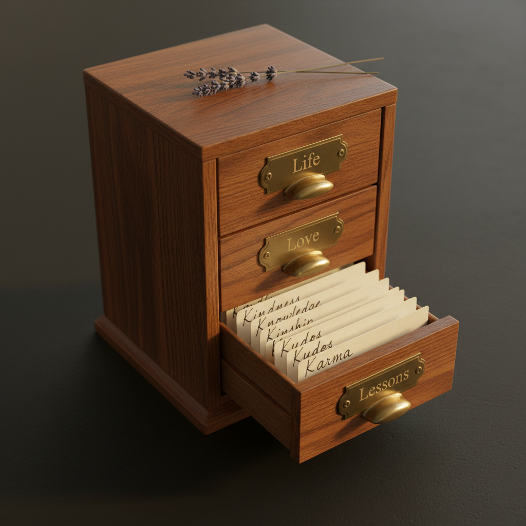 A vintage wooden filing box in rich, dark oak sits centered on a matte black surface, each slender drawer labeled with small brass plates engraved “Life,” “Love,” and “Lessons.” One drawer is slightly pulled open to reveal neatly arranged ivory index cards, their edges worn but orderly, with handwritten titles beginning with the letter K. A single dried lavender sprig rests atop the box. Warm golden-hour light streams in from the right, catching the subtle grain of the wood and the glint of brass, casting soft shadows behind. Photographic realism, three-quarter angle, moderate depth of field, intimate and thoughtful atmosphere, refined yet nostalgic tone.