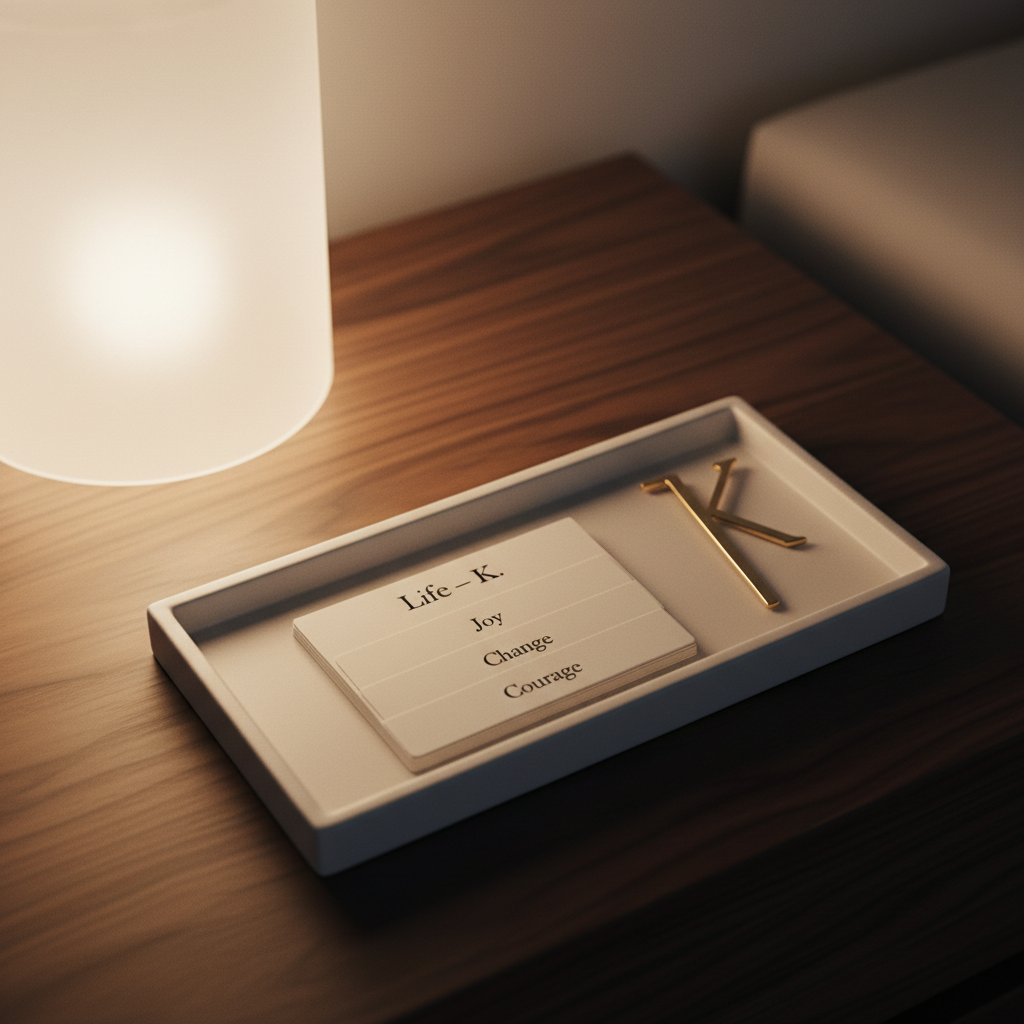 A ceramic tray in matte off-white rests on a dark walnut nightstand, holding a small stack of narrow ivory cards, each with a single typed word at the top in elegant serif font: “Heartbreak,” “Joy,” “Change,” “Courage,” all filed under a title card labeled “Life – K.” A thin, gold metal bookmark in the shape of the letter K leans against the stack. A softly glowing, frosted glass lamp off to the left bathes the scene in warm, ambient light, casting gentle, rounded shadows and a tranquil halo across the wood grain. Photographic realism, intimate close-up at a slight angle, shallow depth of field, cozy yet sophisticated mood, subtle and emotionally resonant aesthetic.
