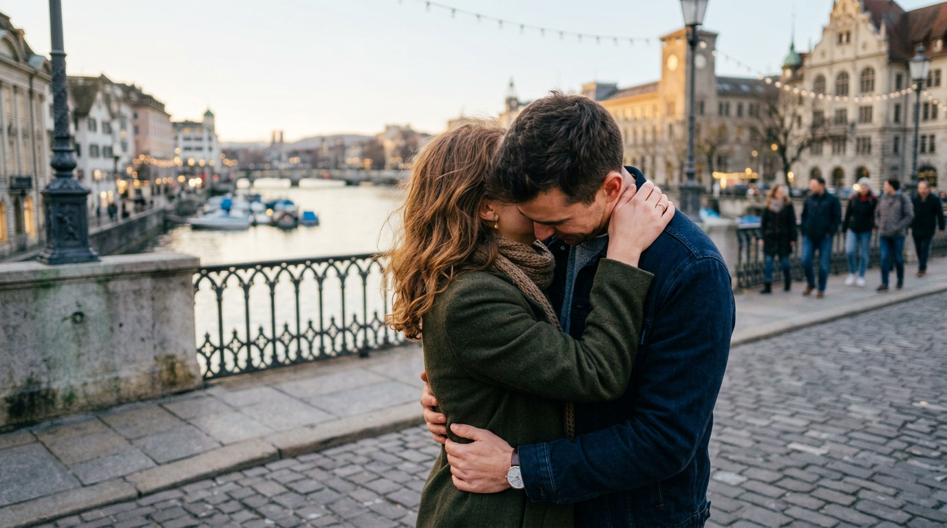 Couple embracing and smiling by riverside walkway with city lights
